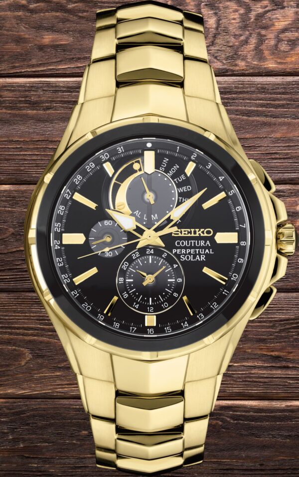 Seiko Coutura Perpetual Chronograph Gold-Tone SS Band Black Dial Men's Watch (Model: SSC700)