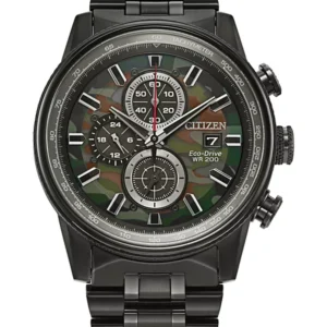 Citizen Eco-Drive Nighthawk Chronograph Black IP Stainless Steel Band Green Dial Men's Watch(Model CA0805-53x)