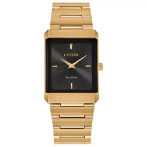 Citizen Eco-Drive Stiletto Black Dial Gold Tone Stainless Steel Band Unisex Watch (Model: AR3102-51E)