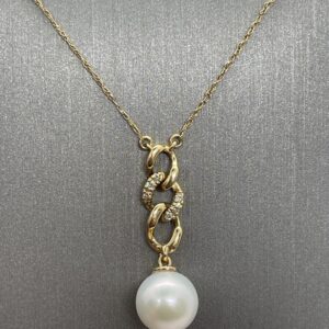 14K Yellow Gold Pearl  Diamond Necklace