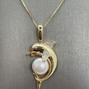 14K Yellow Gold Dolphin With Pearl Diamond Necklace