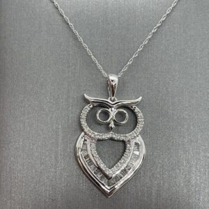 10K White Gold Owl  Diamond Necklace