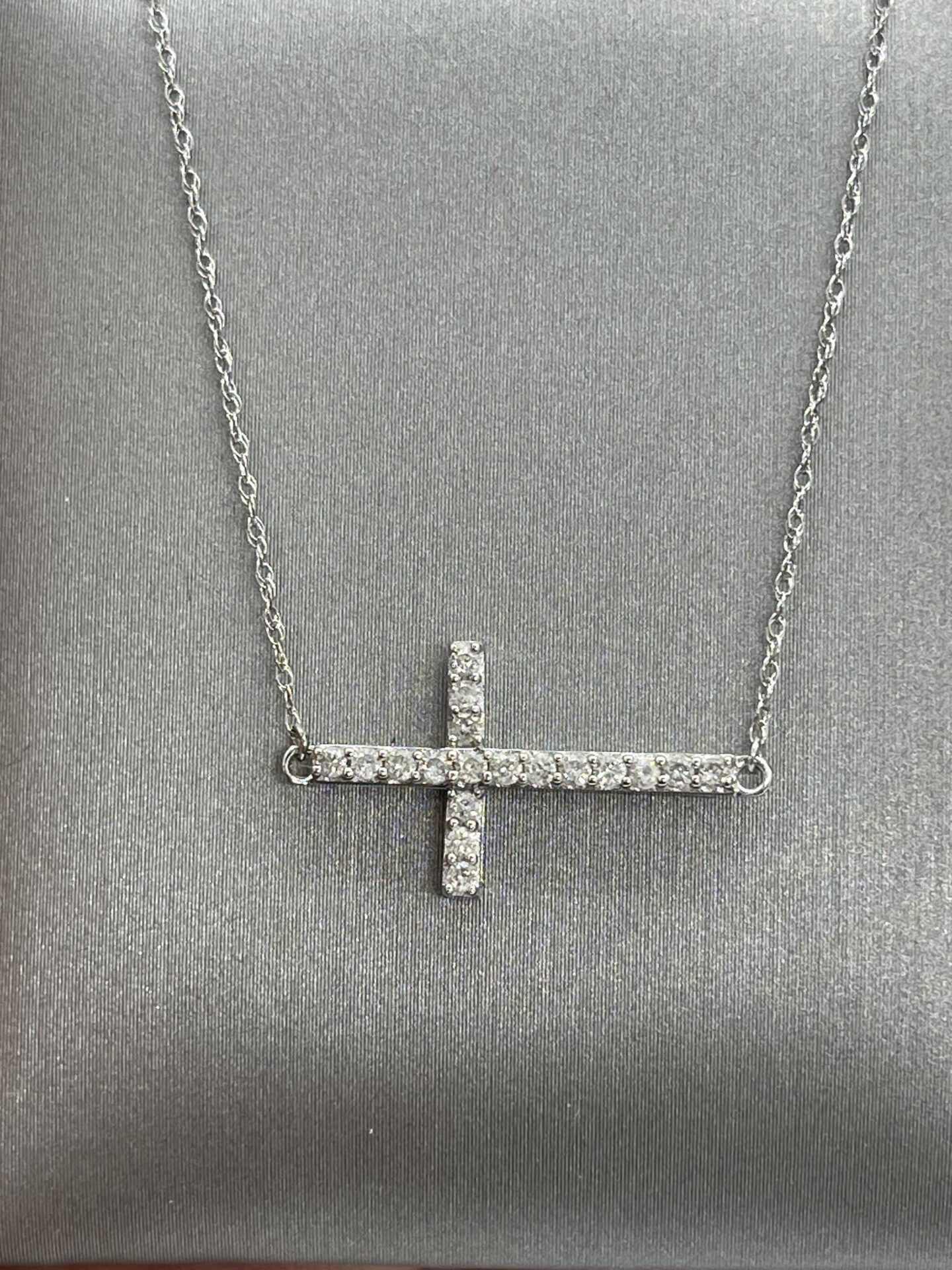 10K White Gold Side Cross Diamond Necklace