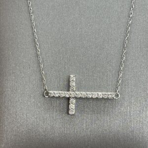 10K White Gold Side Cross Diamond Necklace