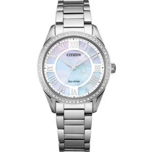 Citizen Eco-Drive Diamond Bezel Mother of Pearl Dial Stainless Steel Band Ladies Watch (Model:EM0880-54D)