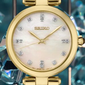 Seiko Diamond Mother-Of-Pearl Dial Gold-Tone Stainless Steel Band Ladies Watch (Model: SRZ536)