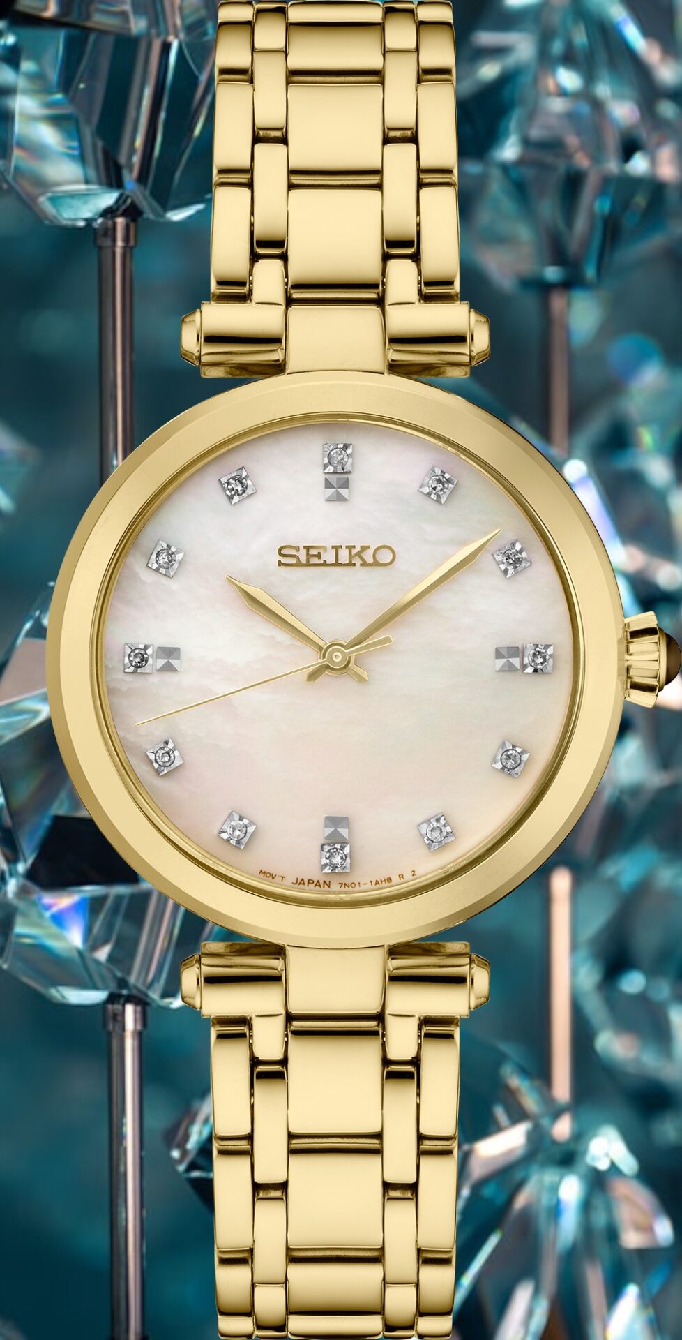 Seiko Diamond Mother-Of-Pearl Dial Gold-Tone Stainless Steel Band Ladies Watch (Model: SRZ536)