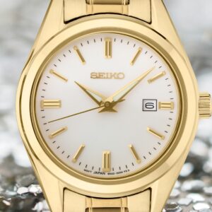 Seiko Essential Quartz Analog Silver Dial Gold Stainless Steel Bracelet Ladies Watch (Model: SUR632)