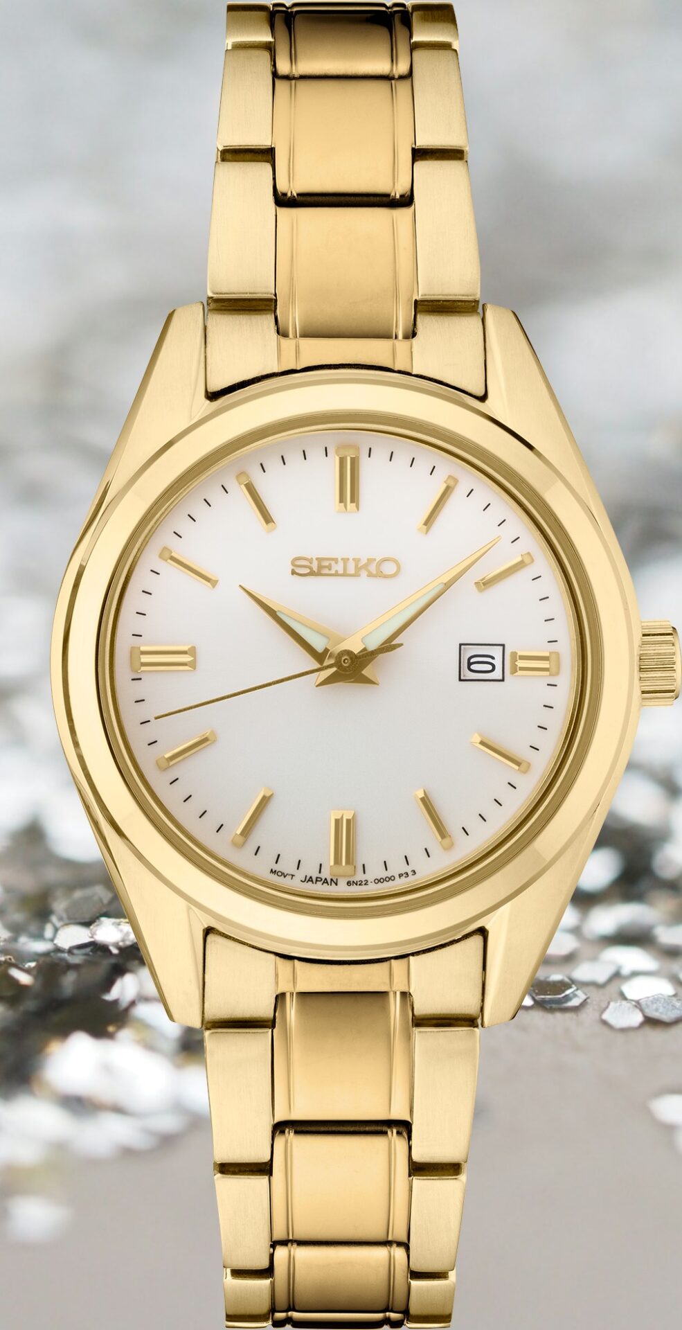 Seiko Essential Quartz Analog Silver Dial Gold Stainless Steel Bracelet Ladies Watch (Model: SUR632)