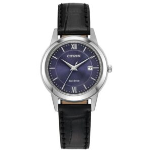 Citizen Eco-Drive® Classic Black Leather Strap Blue Dial Ladies Watch (Model: FE1087-01L)