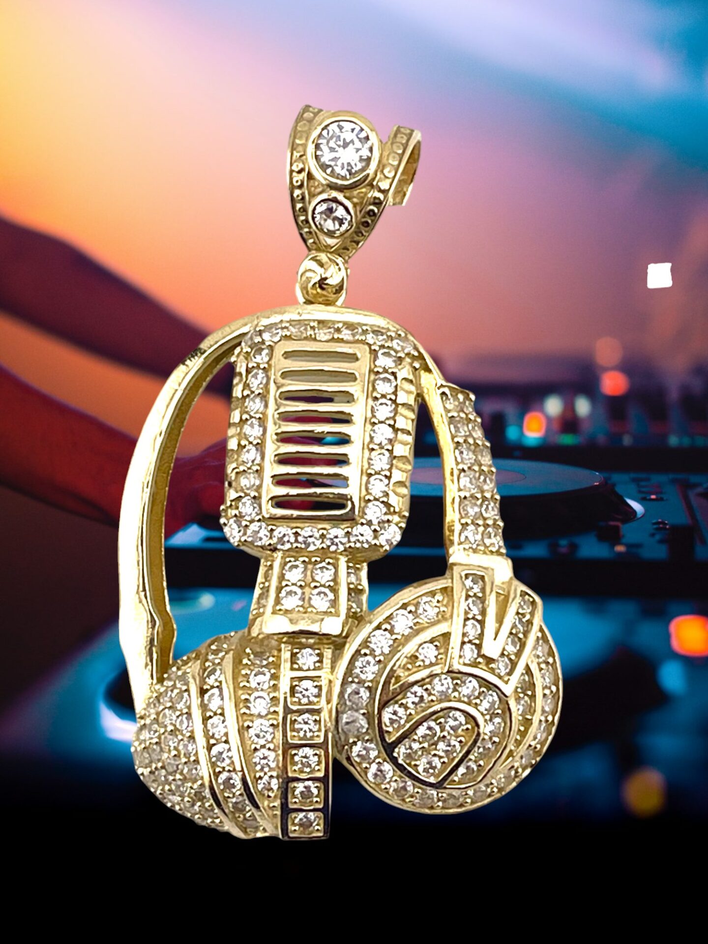 10K Yellow Gold Headphone, DJ Microphone Pendant
