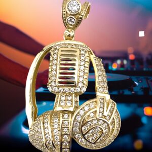 10K Yellow Gold Headphone, DJ Microphone Pendant