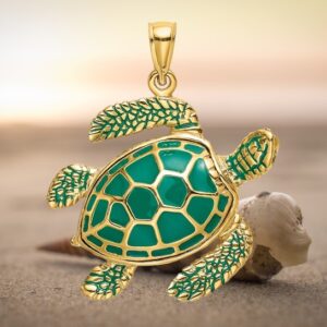 14K 3-D Green Enamel Large Sea Turtle Charm