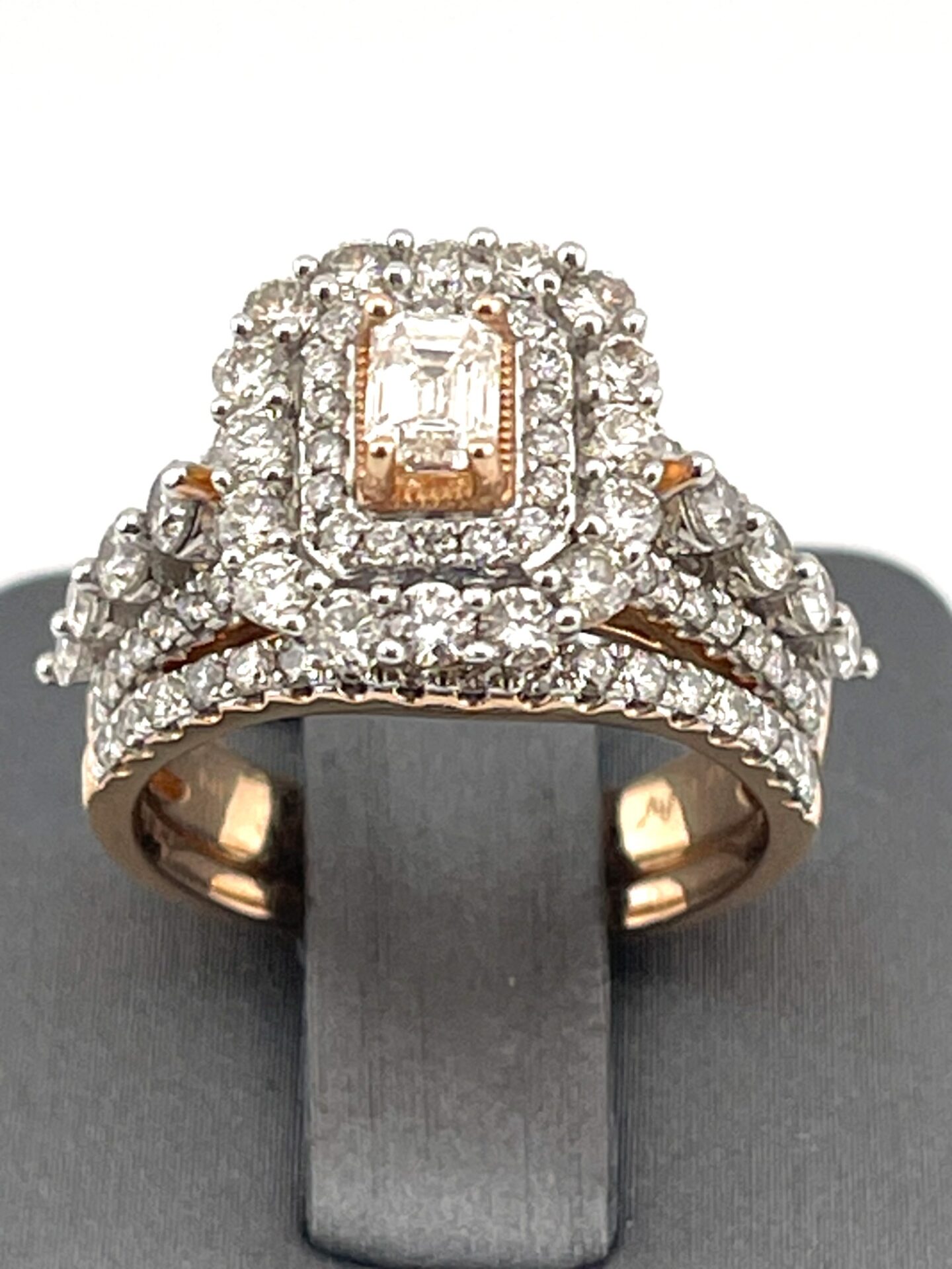 14K Rose Gold Diamond 2.00Ct Halo Ladies Ring Center 3/8 Ct Emerald Cut.