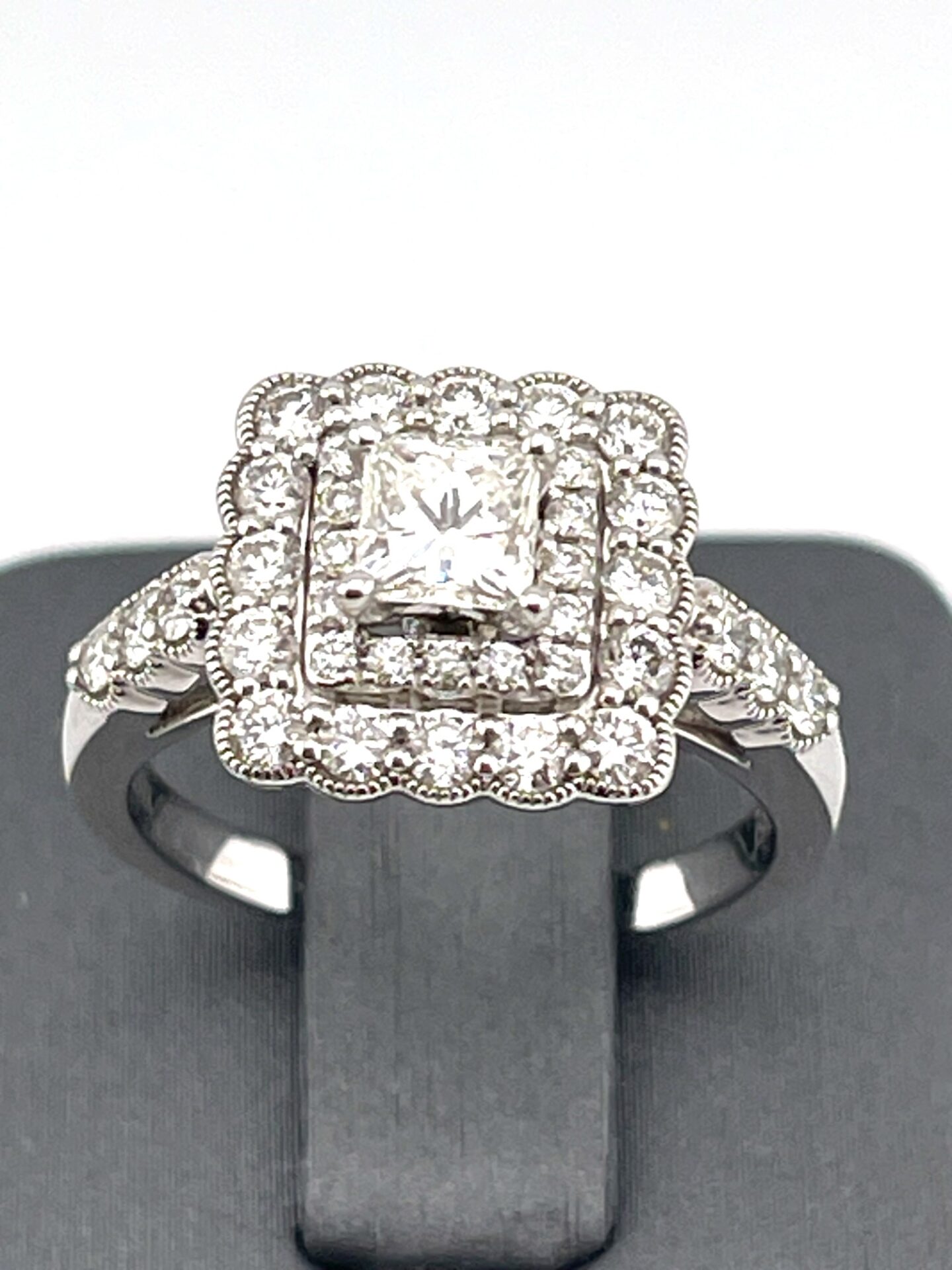14K White Gold Diamond 1.33Ct Square Halo Ladies Ring