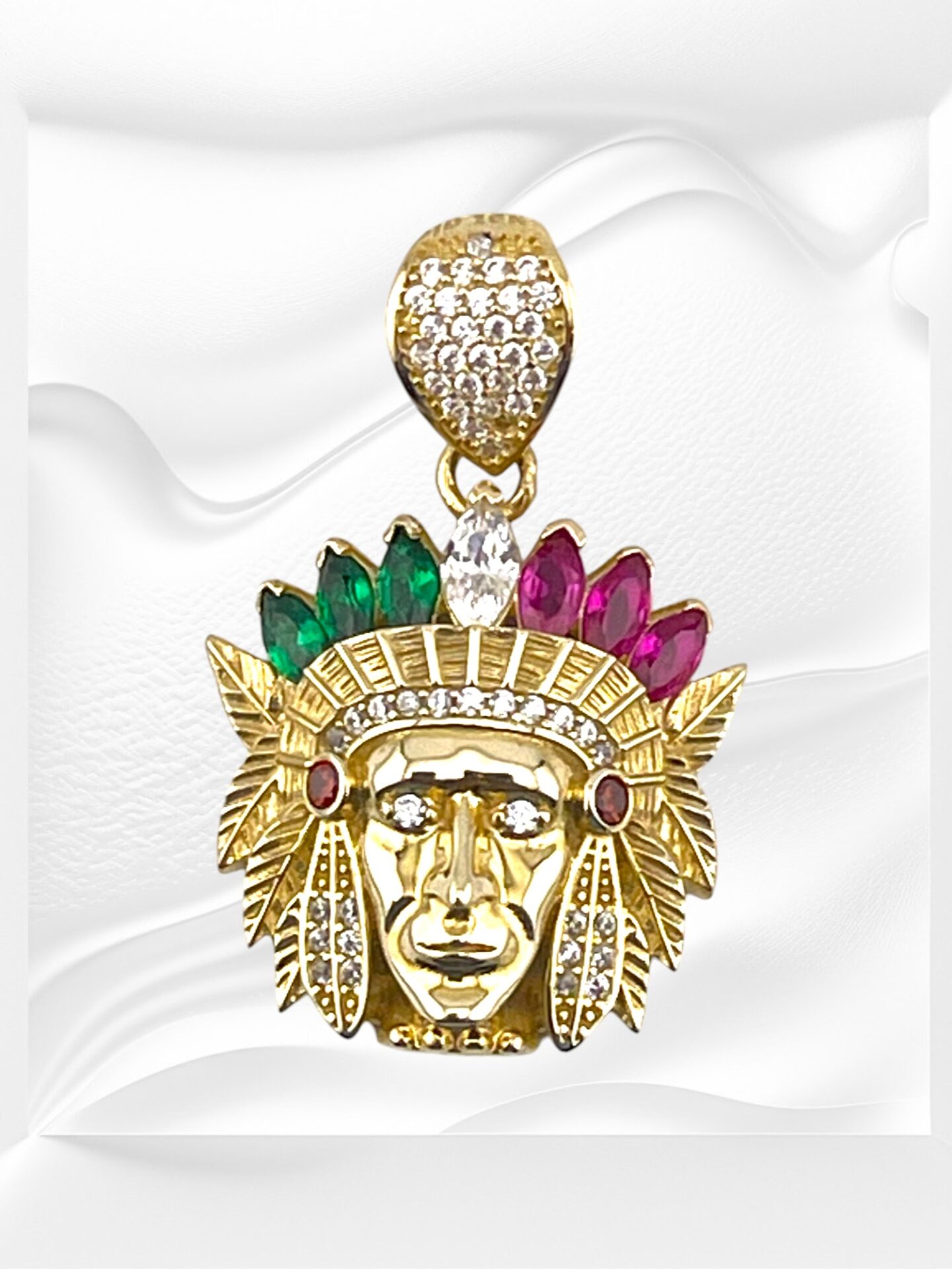 10K Yellow Gold Indian Head Pendant With Emerald and Ruby Stones
