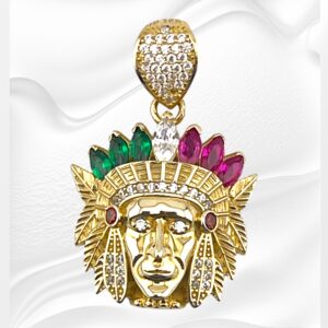 10K Yellow Gold Indian Head Pendant With Emerald and Ruby Stones