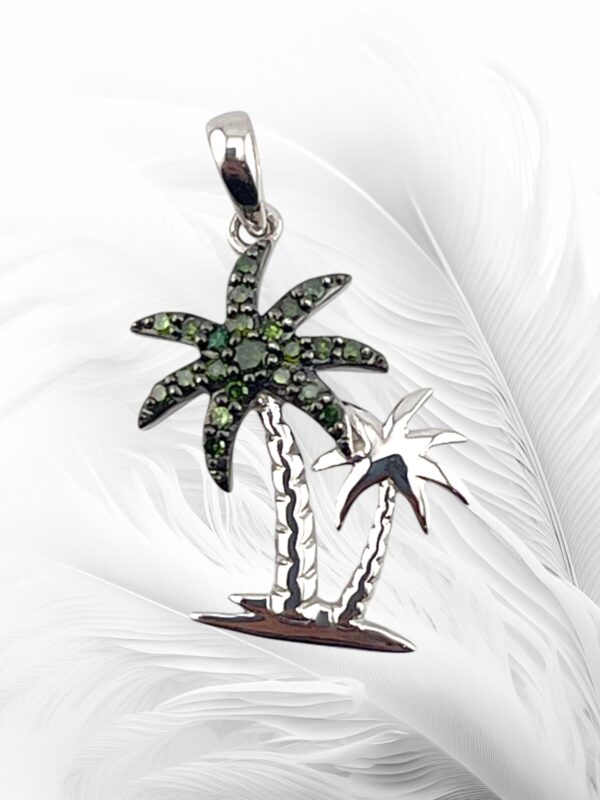 10K White Gold Blue Diamond Palm Tree Pendant / Charm