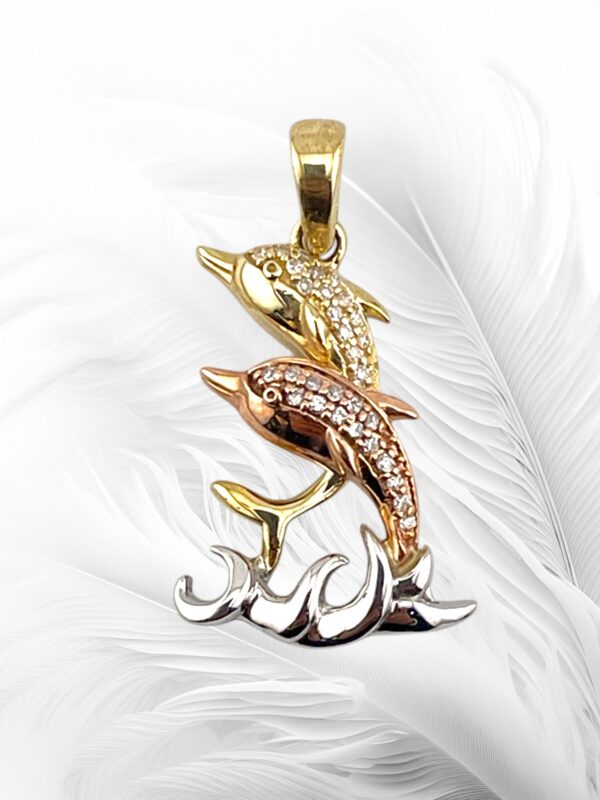 10K Two Tone Gold Diamond Dolphin Pendant