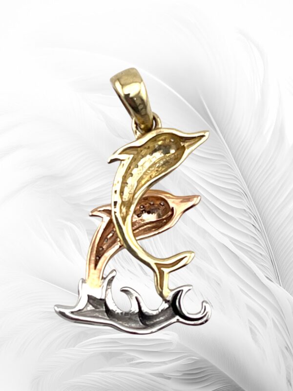 10K Two Tone Gold Diamond Dolphin Pendant - Image 2