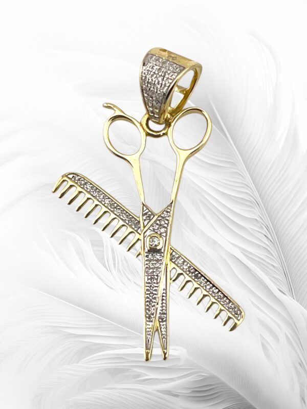 10K Yellow Gold Diamond Barber Scissor and Comb Pendant 0.12Ctw RD