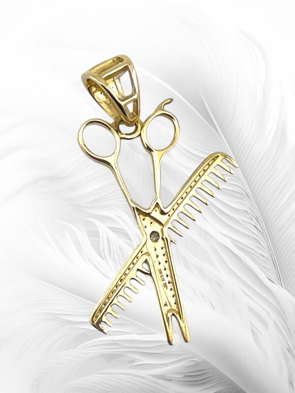 10K Yellow Gold Diamond Barber Scissor and Comb Pendant 0.12Ctw RD - Image 2