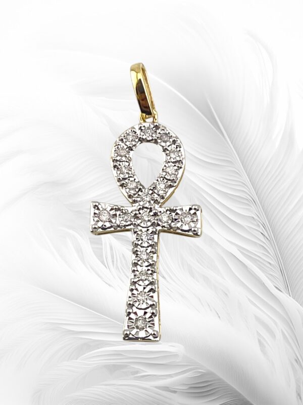 10K Yellow Gold Diamond Egyptian Ankh Cross Pendant 0.17Ctw Rd