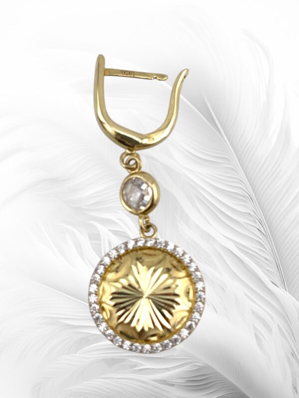 10K Yellow Gold  Round Medal Design Dangling Earrings.  - Image 2