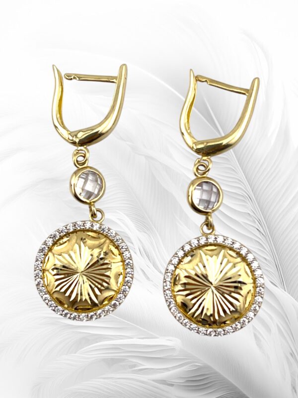 10K Yellow Gold  Round Medal Design Dangling Earrings. 