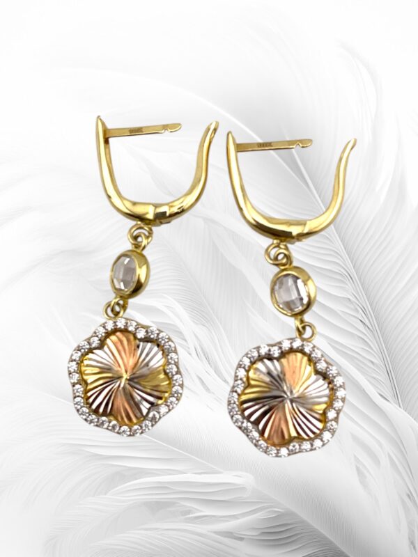 10K Yellow Gold Flower Shape Medallion Dangling Earrings