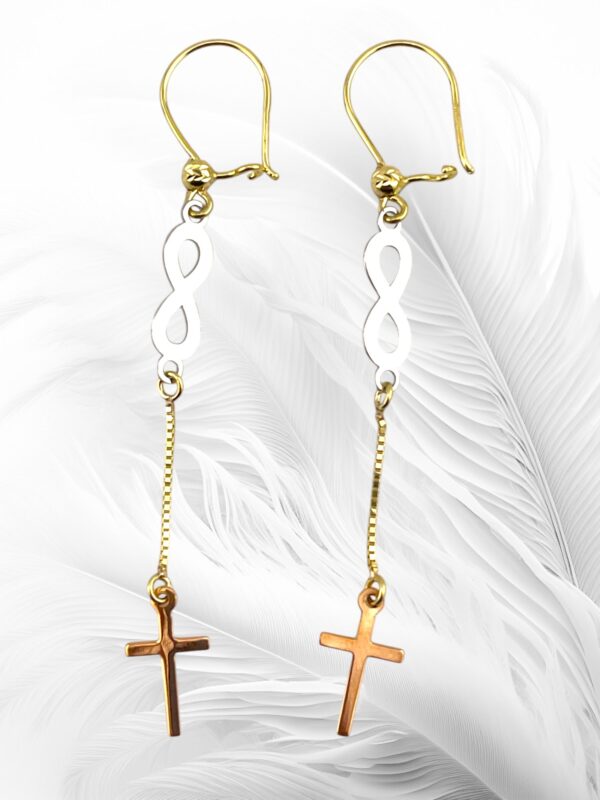 10K Tri-Color Infinity Cross Dangling Earrings