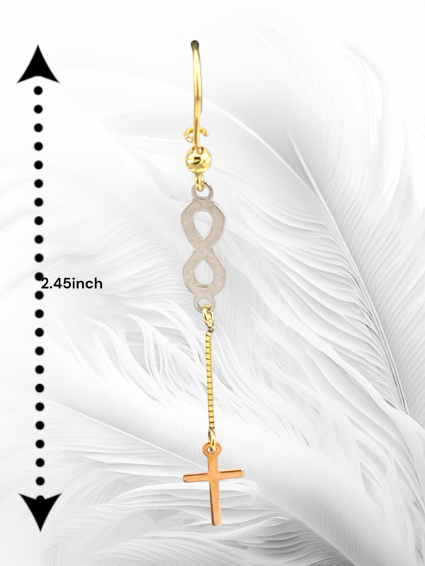 10K Tri-Color Infinity Cross Dangling Earrings - Image 2