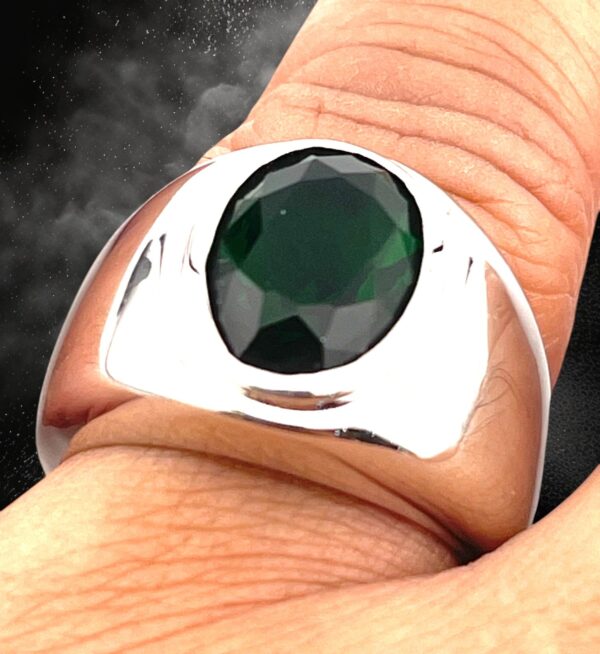 925 Sterling Silver Green Oval Emerald Men’s Ring - Image 3