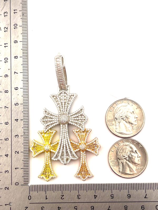 925 Sterling Sliver Moissanite Tri-Color 3 Cross Pendant - Image 4