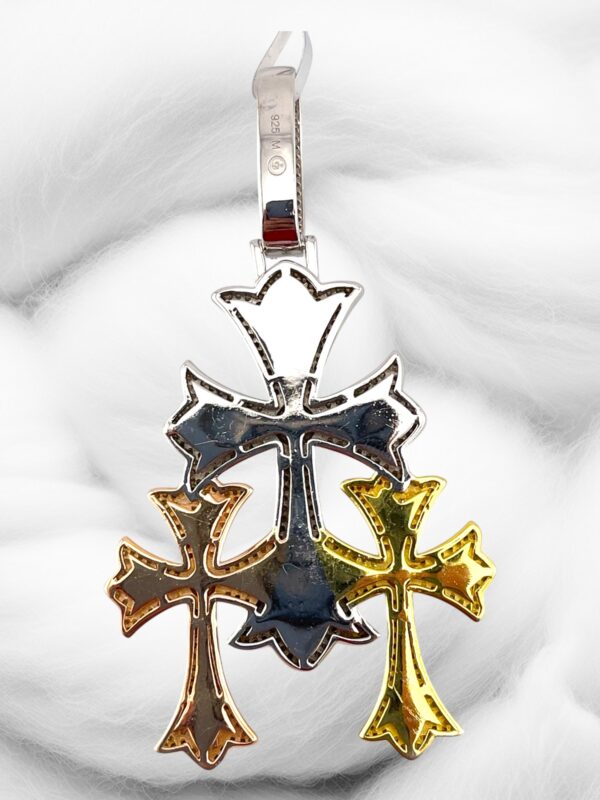 925 Sterling Sliver Moissanite Tri-Color 3 Cross Pendant - Image 3